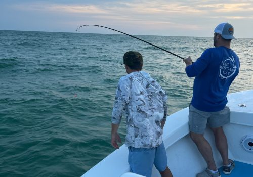 Two fishermen pulling in a tricky fish during Inshore Fishing in Clearwater FL