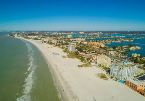 An aeiral view of St. Pete Beach, where Tradewinds Fishing Charters takes guests on Sandbar Trips